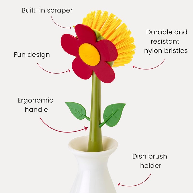 Vigar Flower Power Dish Brush with Vase Brush Holder, Dish Brush with Handle for Pot Scrubber, Dishes, Sink, and Kitchen Essentials, White, Red - Image 2